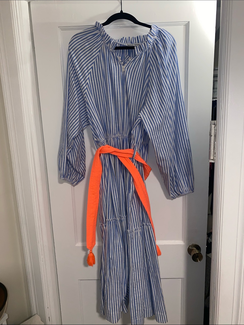 Blue & White Striped  Dress with Orange belt